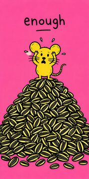 Vertical doodle illustration of a stressed yellow mouse on a huge pile of sunflower seeds. Overwhelmed cartoon rodent character with the word enough. Quirky humor concept
