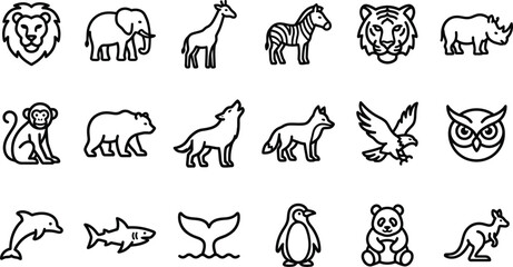 Fototapeta premium Wild animal icons set vector illustration with simple black silhouettes for nature apps.