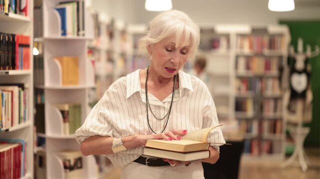 In bookstore senior woman choose book. New literature, bestseller, fantasy, drama, educational literature, business literature. Buyer examines contents of book, chooses reading material