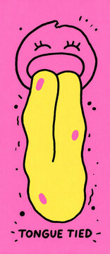Vertical quirky doodle illustration of a face with a giant yellow tongue. Tongue tied concept and communication problem on pink background