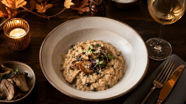 Wild mushroom risotto topped with sauteed mushrooms and herbs. Autumn dinner dish with white wine glass and candle on wooden table