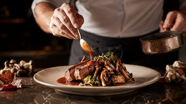 Chef pouring rich sauce over steak dish with wild mushrooms. Professional cook plating meat dinner in restaurant kitchen