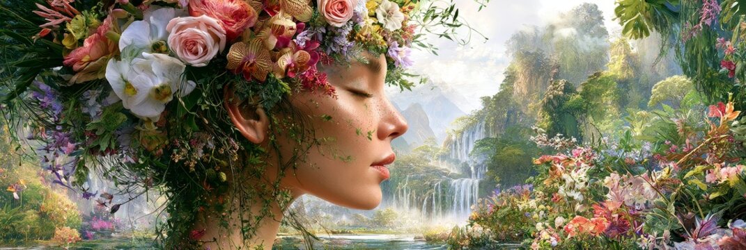 Ethereal woman surrounded by floral splendor symbolizing gaia and spiritual awakening in a lush natural landscape