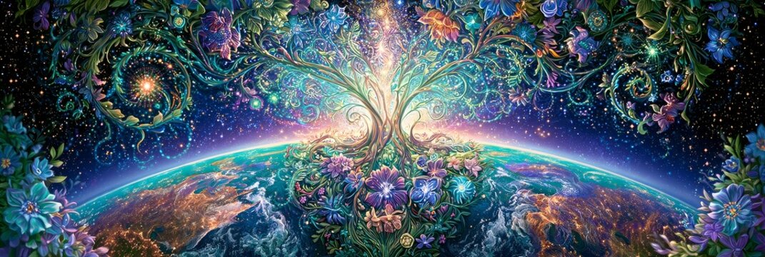 Colorful gaia goddess tree of life embraced by celestial flowers and the beauty of nature