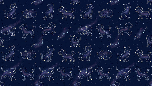 Seamless pattern with cat and dog constellations on dark blue background.