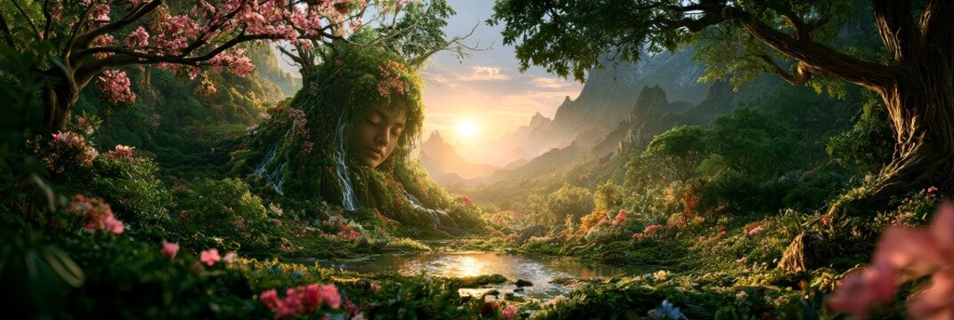 A serene representation of gaia the mother earth goddess surrounded by lush flora and a tranquil landscape at sunset