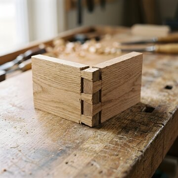 Handcrafted dovetail wood joint assembled on rustic carpenter workbench
