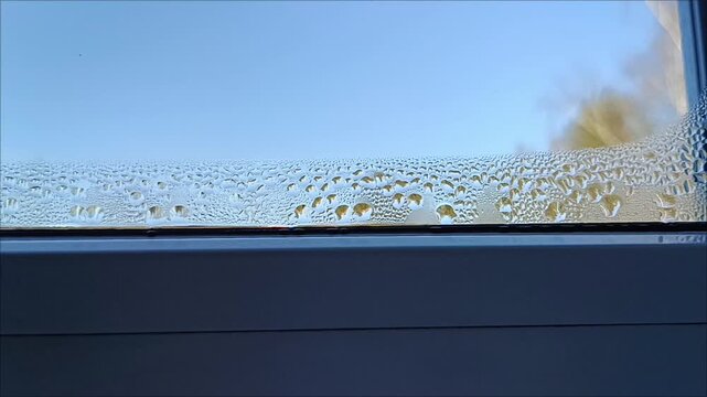 Water drops of condensation on modern window glass pane, humidity problem and thermal insulation issue in home interior concept.