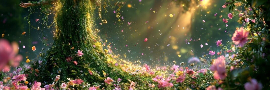 Enchanting gaia goddess surrounded by flourishing blossoms and sunlight in a mystical forest setting