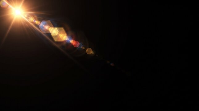 Optical Lens Flare and Bright Sunburst Light Overlay on Pure Black Background