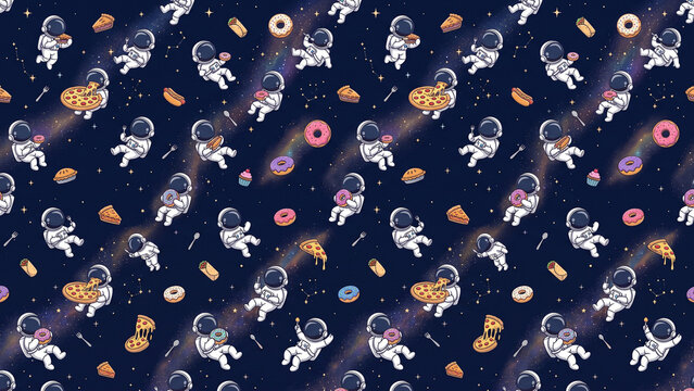 Seamless Pattern of Astronauts Eating Pizza and Donuts in Space.
