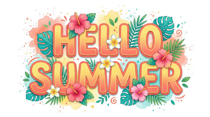 Fototapeta premium Hello summer text with colorful tropical flowers and green palm leaves isolated on a white background isolated on transparent background