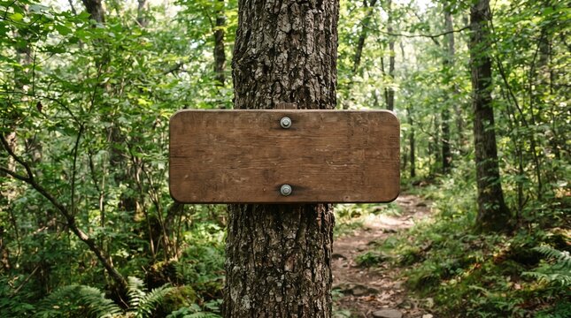 Blank wooden sign mounted on a tree trunk in a lush forest for custom text and directions.