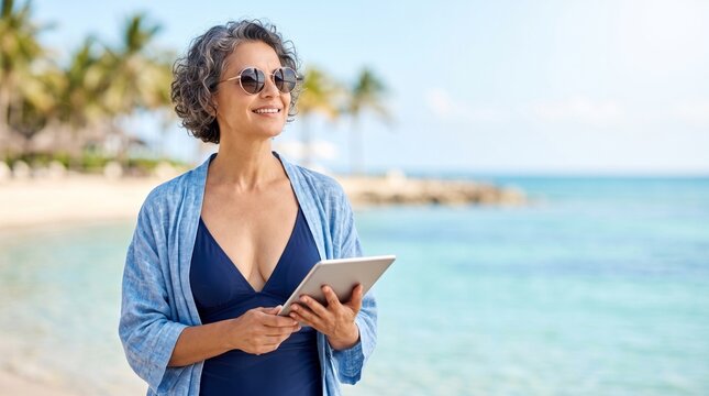 Happy Mature Woman with Tablet Relaxing on Tropical Beach on Summer Vacation