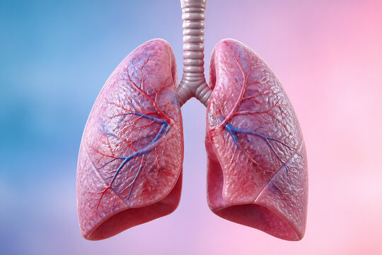 A detailed anatomical illustration of a pair of human lungs connected to a trachea against a soft, blurred background.