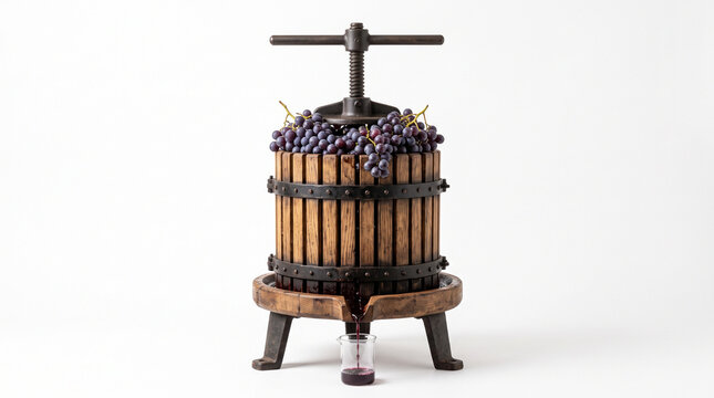 Vintage wine press filled with fresh grapes for winemaking process  