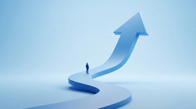 Business growth and career success concept featuring a miniature businessman standing on a winding blue arrow road.