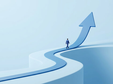 Business success, growth, and career progression with a businessman walking up a rising winding blue arrow path
