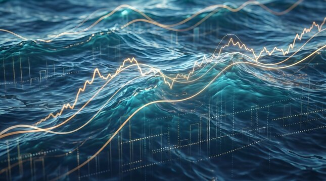 Abstract digital financial stock market graph overlaying a deep blue ocean wave background.