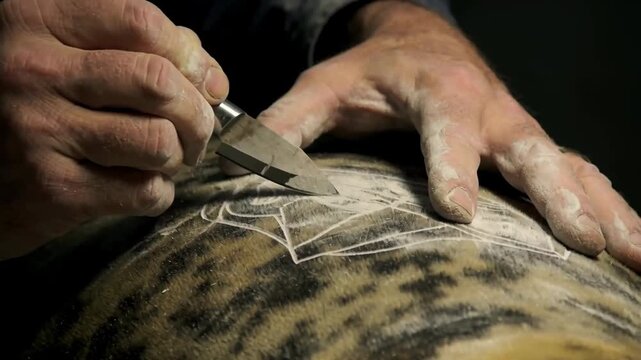 Hands engraving a pattern into a stone seal