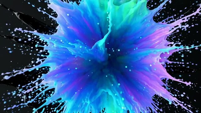 Black liquid exploding outward with vibrant neon colors during a dynamic slow-motion impact against a dark backdrop