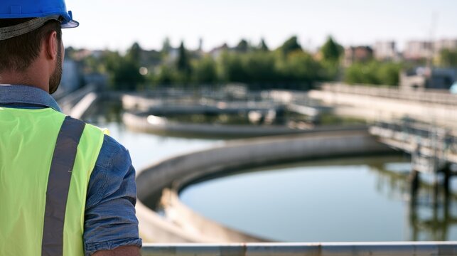 Worker inspects water treatment plant during day in a city