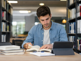 Obraz premium Man Reading a Book at a Library Table