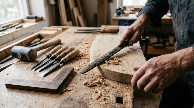 A Carpenter Shaping A Piece Of Timber With A Metal Rasp On A Workbench, Illustrating Expert Craftsmanship And The Dedication To Traditional Woodworking Skills.