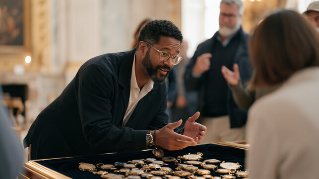 Antique appraiser in a grand luxury interior examining a collection of ornate pocket watches laid across a velvet display table, an animated group of collectors gathered around