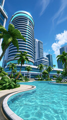 Fototapeta premium Miami pool city background with palm tree and modern tower under blue sky, turquoise water creating luxurious tropical urban setting