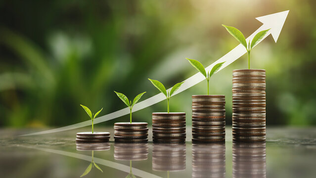 Growing plant with increasing stack of gold coins on upward arrow in green nature background