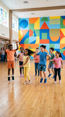 Obraz premium Diverse children practicing simple dance movements in an open community space, joy, movement and self-expression, dynamic poses, clean geometric background, Children's Day celebration concept