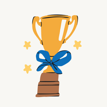 Winning Cup. Golden award, ribbon prize trophy. Winner, ceremony, championship, achievement, victory, success concept. Hand drawn Vector illustration. Isolated design element. Sticker, print template