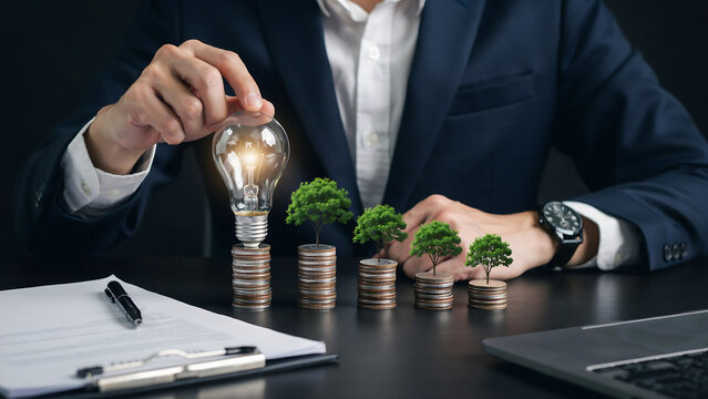 Business professional lighting a bulb surrounded by growing money trees and coins on a dark table