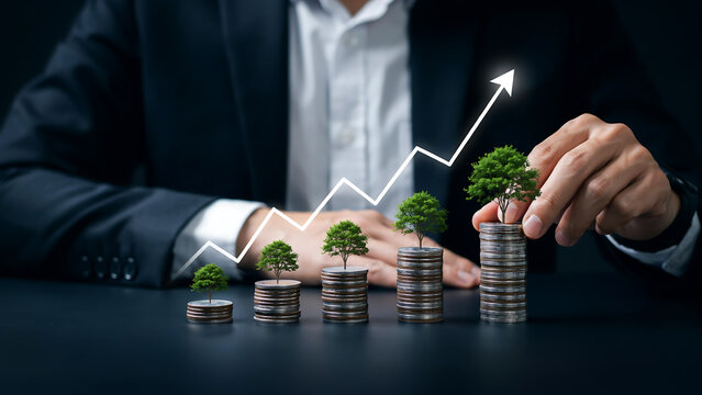 Hand planting small tree in growing stack of coins with upward trend graph in dark background