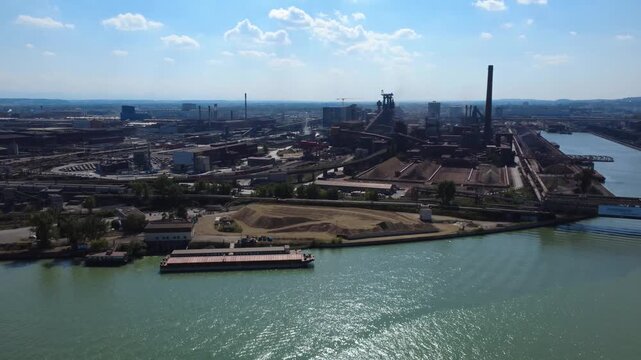 Aerial view of a steelworks on the river Danube in Linz