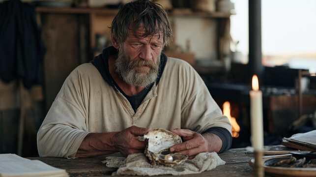 Pearl diver sitting quietly in a candlelit coastal cottage at dawn, unfiltered face with natural bedhead and sea salt skin examining a freshly opened oyster shell, a single