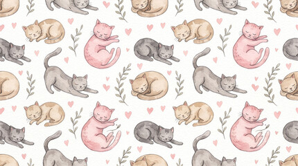 Obraz premium Cat 007 Watercolor Seamless Pattern of Stretching and Sleeping Cats, Pink Cat, Leaves and Hearts on White Background（白背景に伸びをする猫、丸くなって眠る猫、ピンクの猫、葉、ハートを描いた水彩シームレス柄）