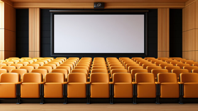 Modern auditorium with empty orange seat, projection screen, and wooden wall panel