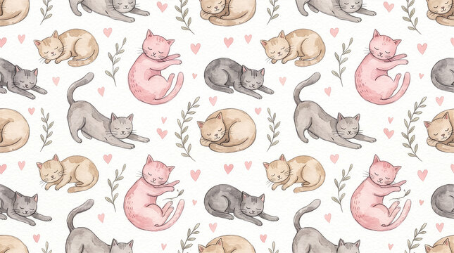 Cat 007 Watercolor Seamless Pattern of Stretching and Sleeping Cats, Pink Cat, Leaves and Hearts on White Background（白背景に伸びをする猫、丸くなって眠る猫、ピンクの猫、葉、ハートを描いた水彩シームレス柄）