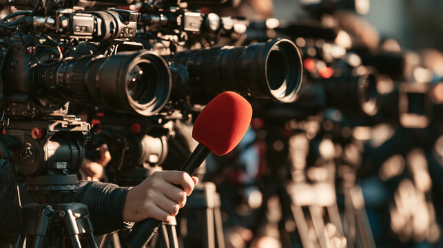 A hand holding a red microphone in front of a row of professional video cameras at a press conference.