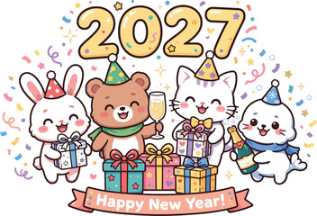 Fototapeta premium Cute New Year 2027 Animal Celebration IllustrationCute New Year 2027 Animal Celebration Illustration