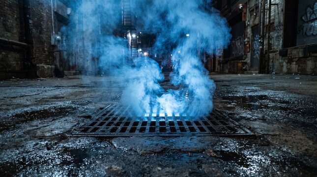 Mysterious Blue Smoke Flowing from Ground Grating in Grungy Warehouse