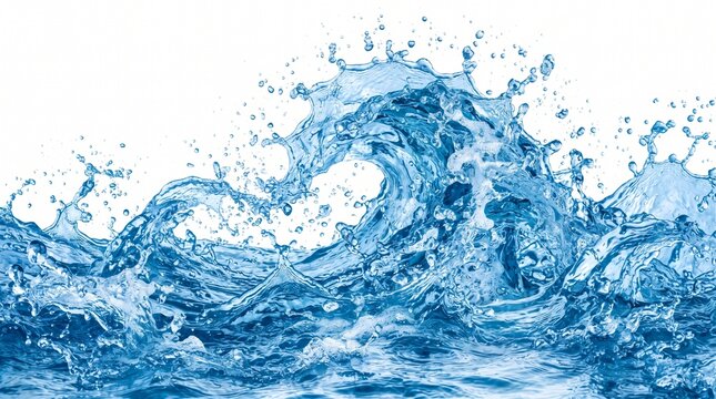 Dynamic Water Splash with Flying Blue Droplets Isolated on White Background
