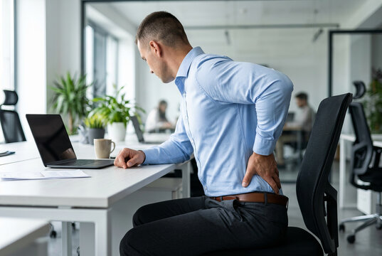 Back pain and poor posture at work with businessman suffering from lower backache at his office desk with laptop