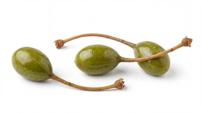 Three fresh green capers with long stems captured in bright studio lighting arranged perfectly isolated on white background
