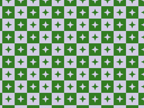 Classic green and light grey checkerboard seamless pattern with retro starbursts. Groovy background for indie apparel, tote bags, modern stationery, packaging, and wallpaper.