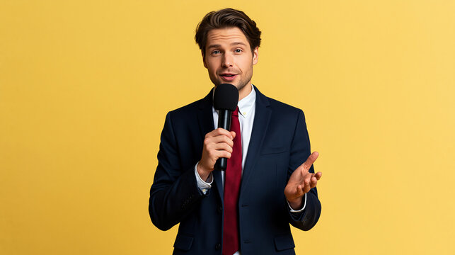 A handsome businessman in a suit and red tie speaking into a microphone against a yellow background.
