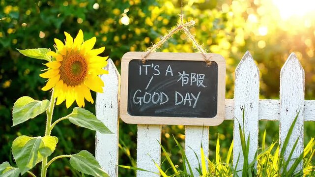 Sunflower by white picket fence with a good day chalkboard sign