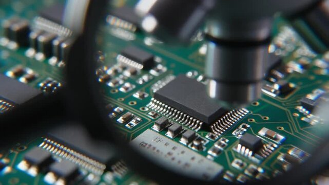 Extreme Close Up of Microchip Transistors and Electronic Components on Green Printed Circuit Board